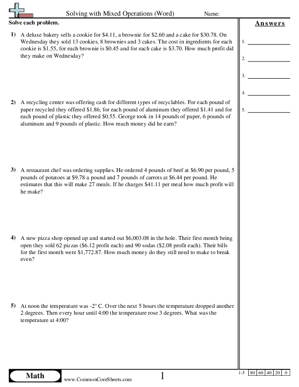 Solving with Mixed Operations (Word) worksheet